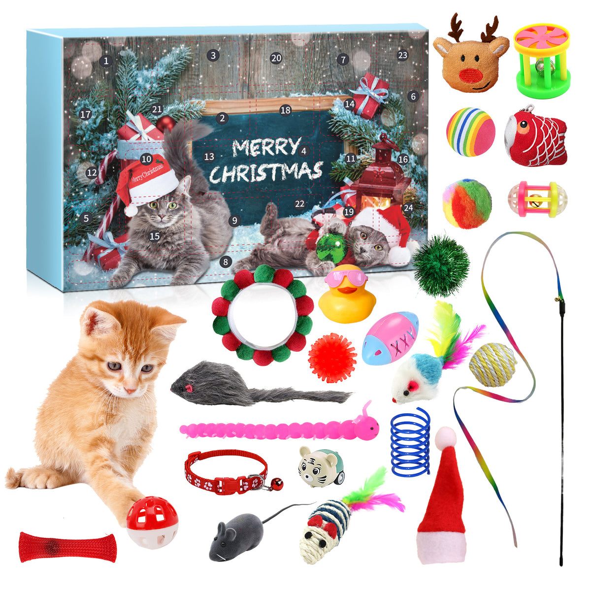 Kitten next to the Cat Advent Calendar box and its toys