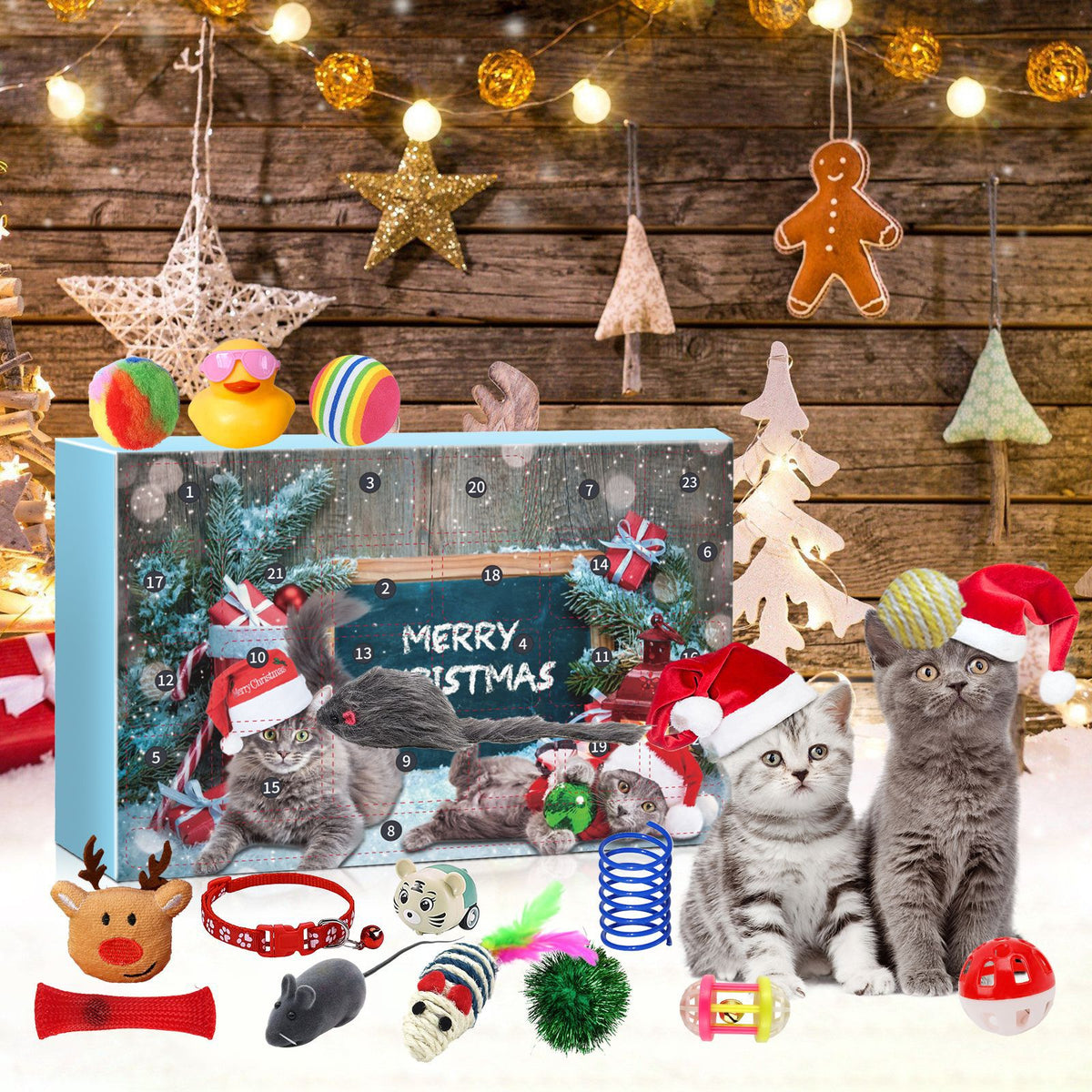 Cat Advent Calendar box with cat toys and two kittens in Santa hats